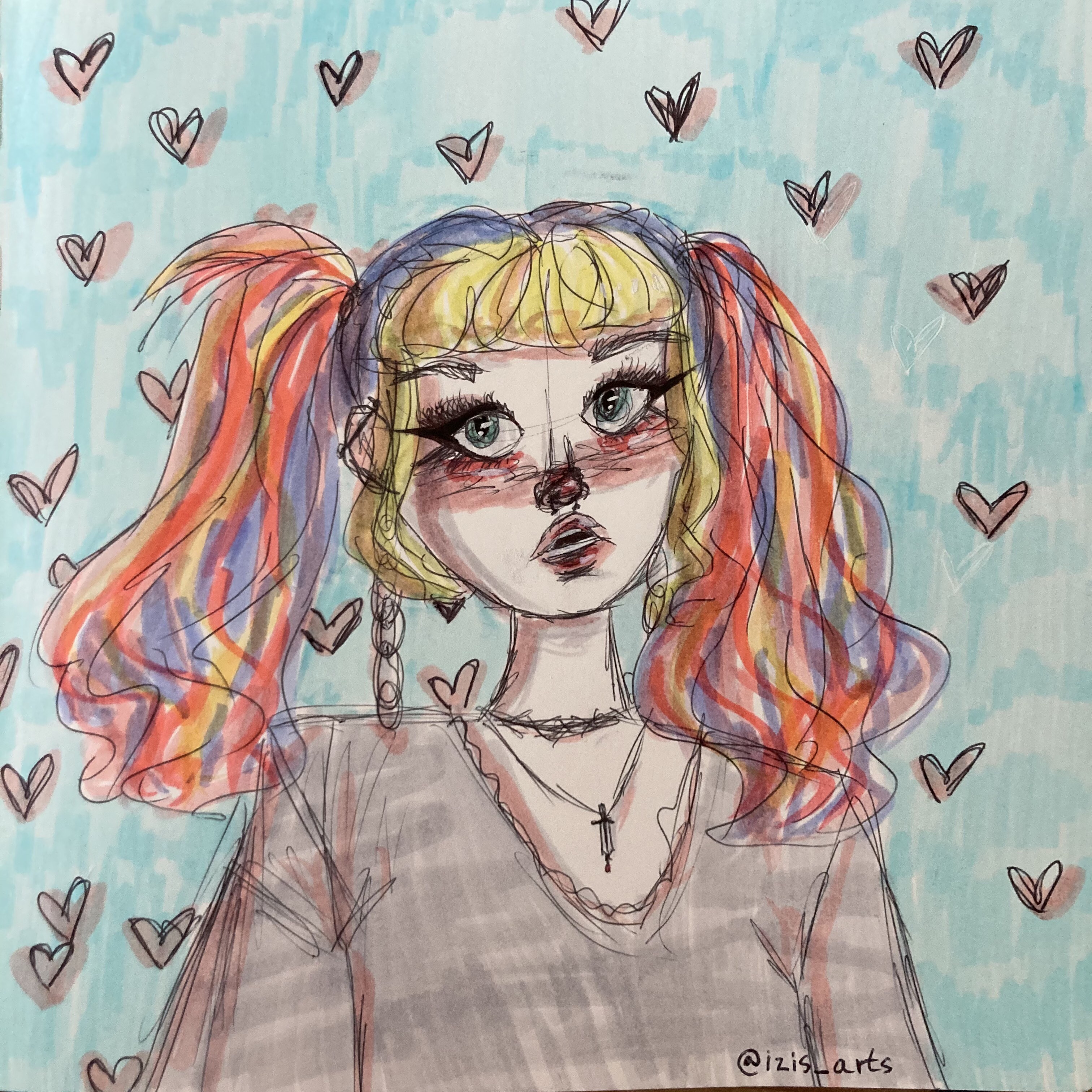drawing of a girl with pastel rainbow hair and a gray t shirt in front of a blue background