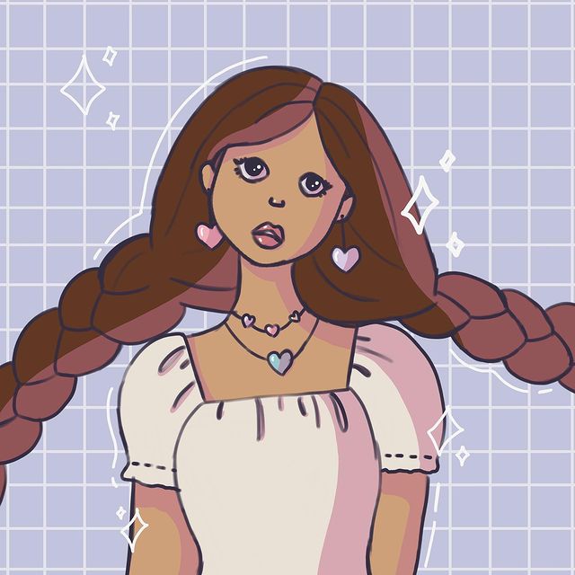 digital art of girl with braids and heart jewwelry wearing a cream puff sleeve top in front of a light purple background. also lots of sparkles