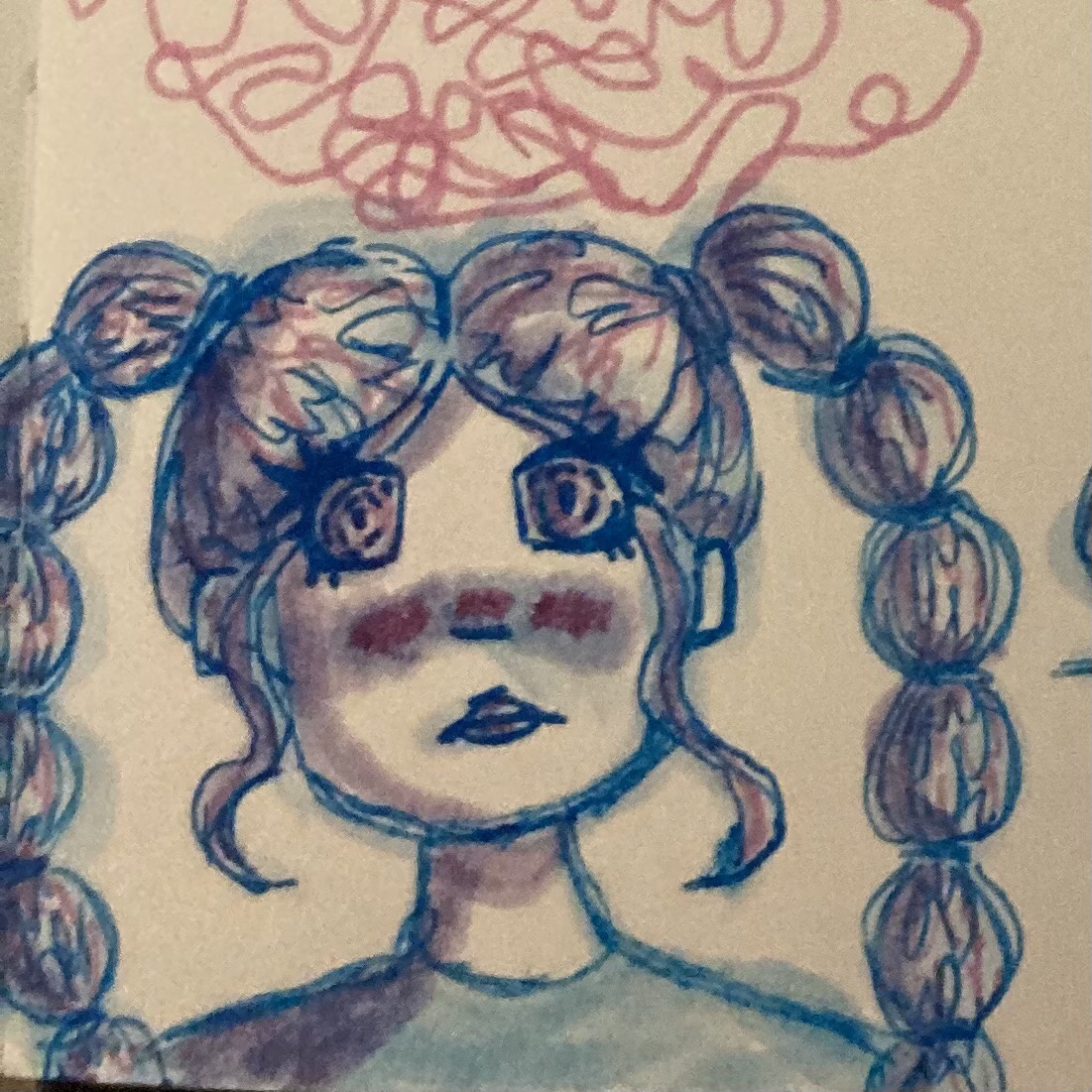 drawing of a girl with bubble braids made with blue and purple marker