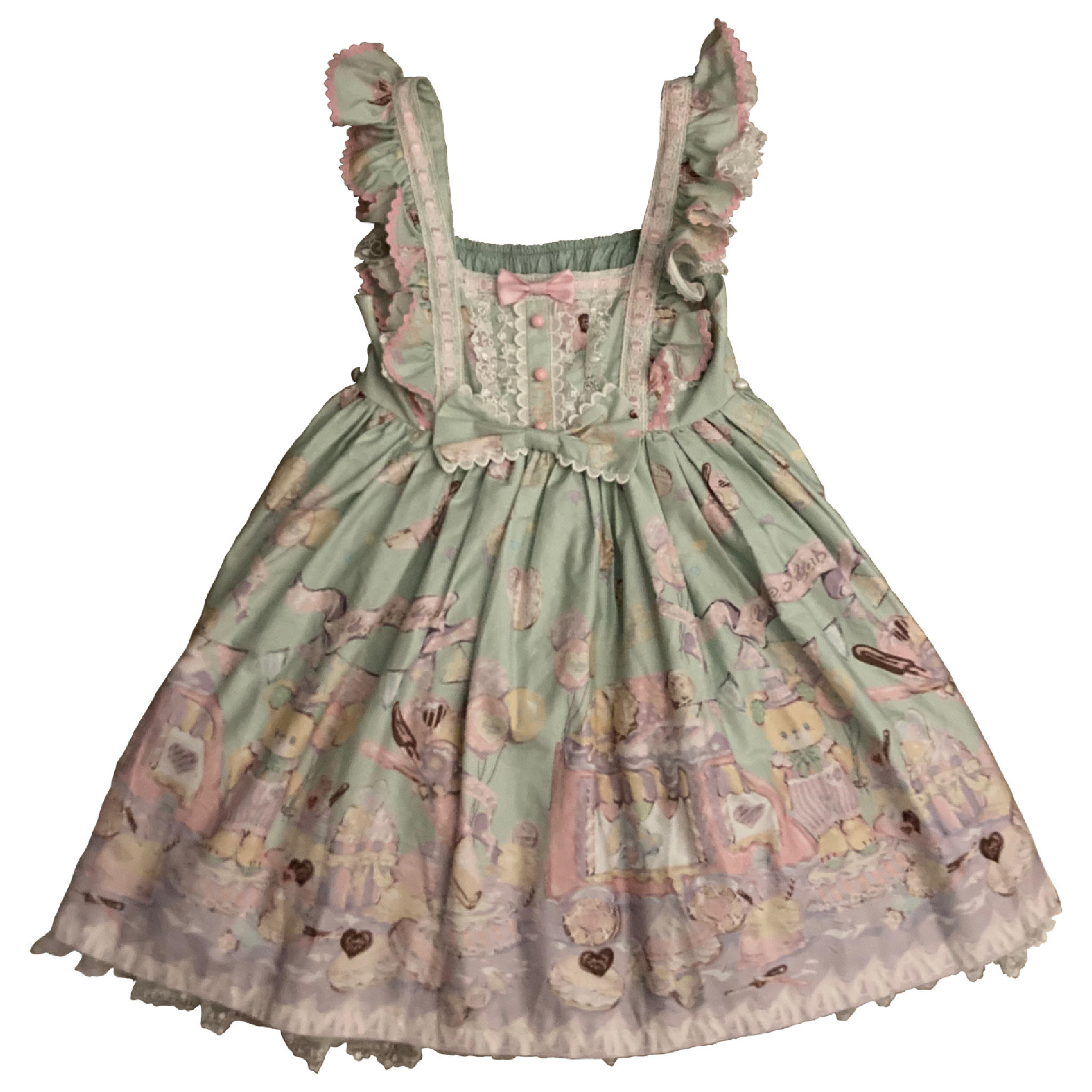 mint lolita jsk with pink accesnts and a dessert themed print