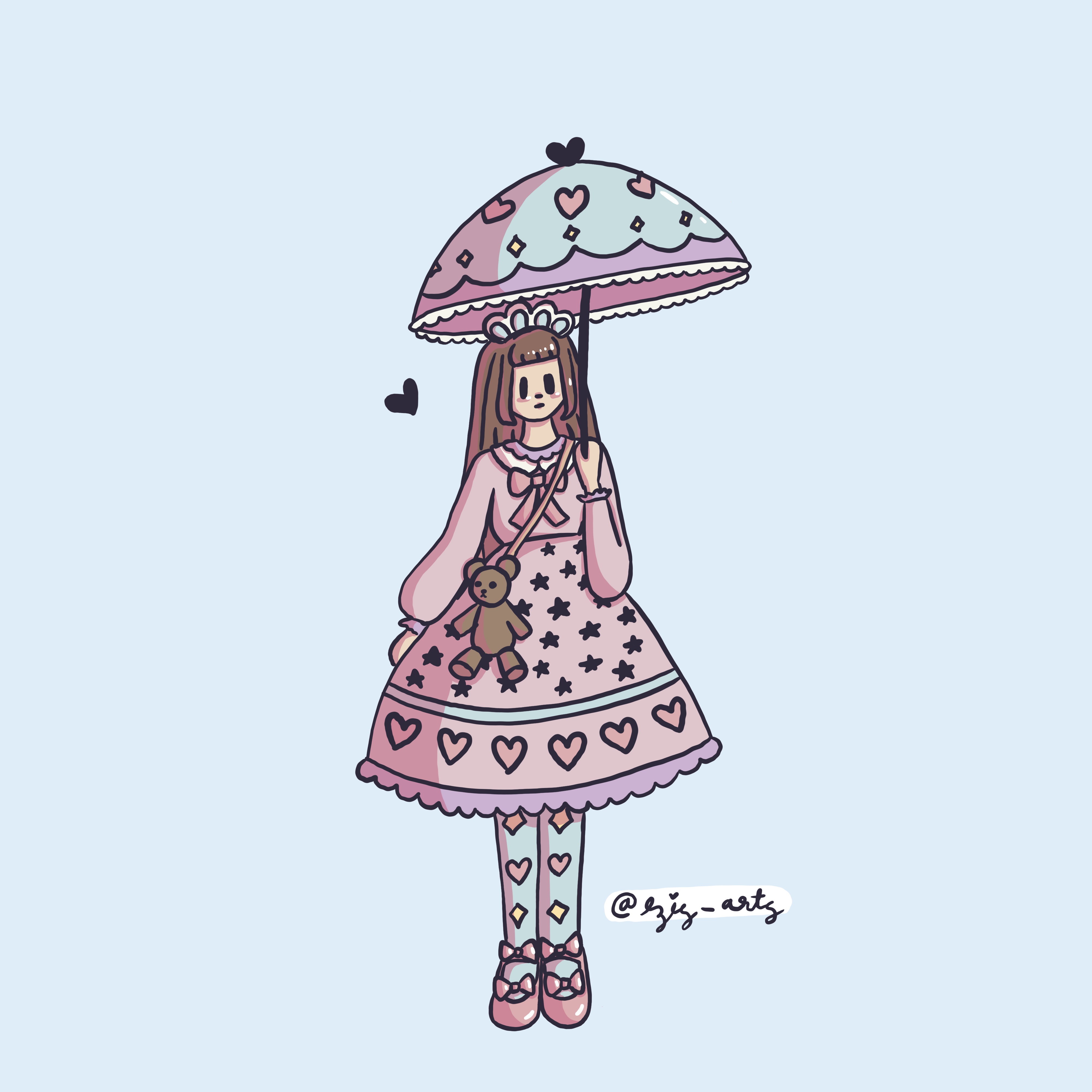 digital art of girl in pink purple and sax lolita fashion with a parasol in front of a light blue background