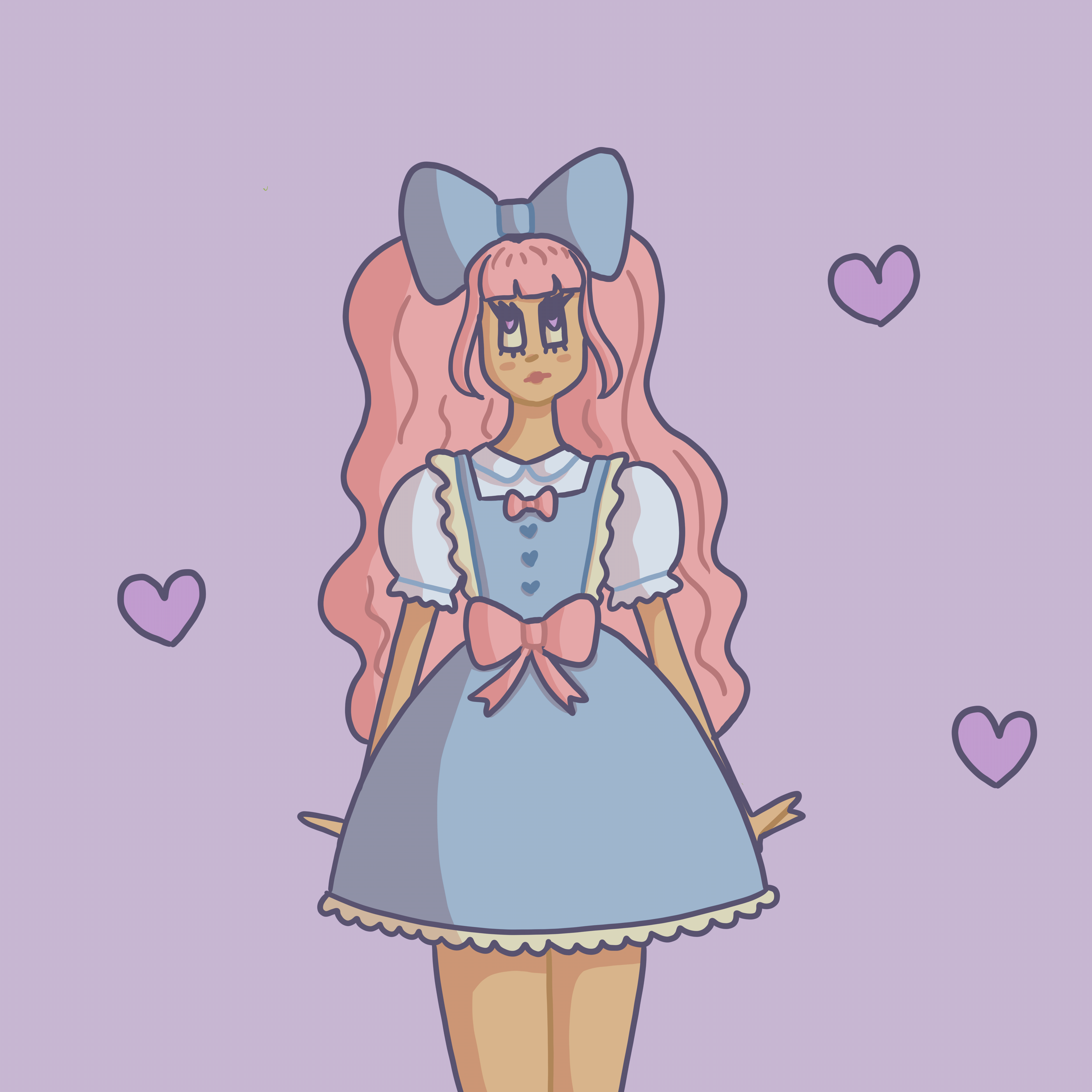 drawing of a girl in lolita with purple animated hearts around her