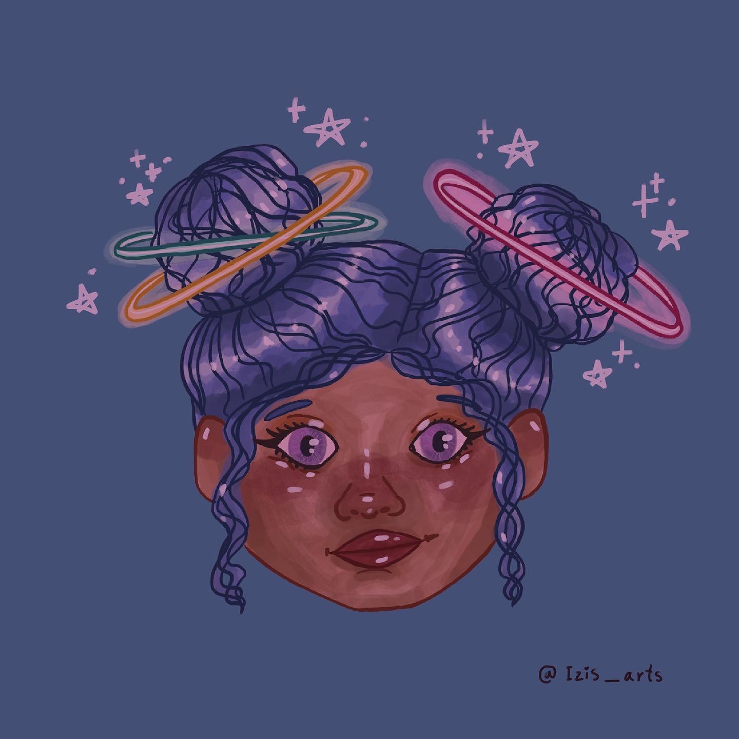 digital art of girl with space buns that look like planets. haha get it SPACE buns